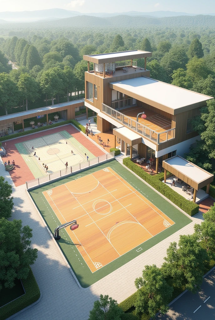 architectural plan of an outdoor sports center with basketball court, outdoor gym, arena with fixed bars and simple equipment for exercise with body weight calisthenics, beach volleyball court and reading space, all in one large space
