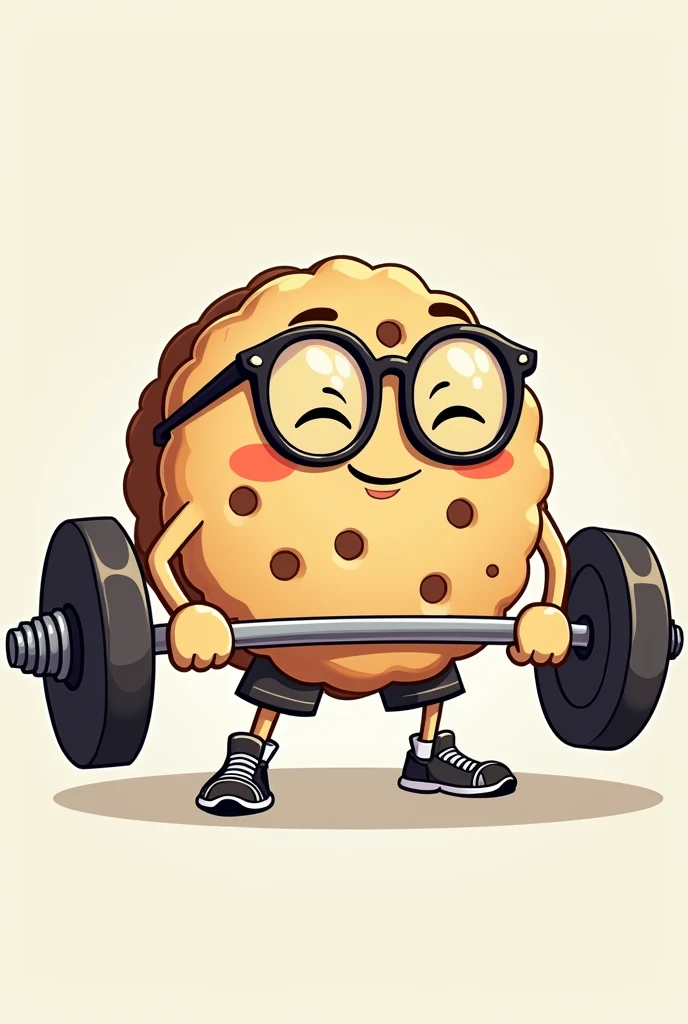 Cartoon picture of cookie woth glasses lifting a barbell