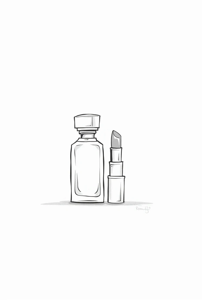create a black and white depthless illustration with no background of lipstick joint, perfume