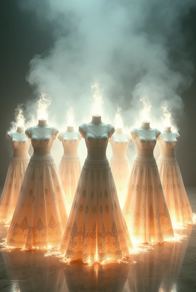 Seven lehengas in seven different designs on Mannequin are Burning in white color fire