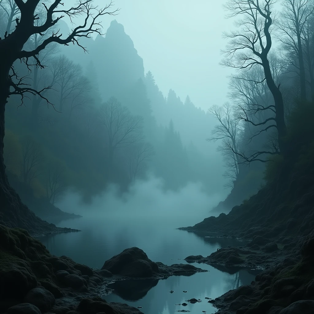 Surroundings of a haunted, frightening lake, ghostly mist around the environment, realisitic, horror style