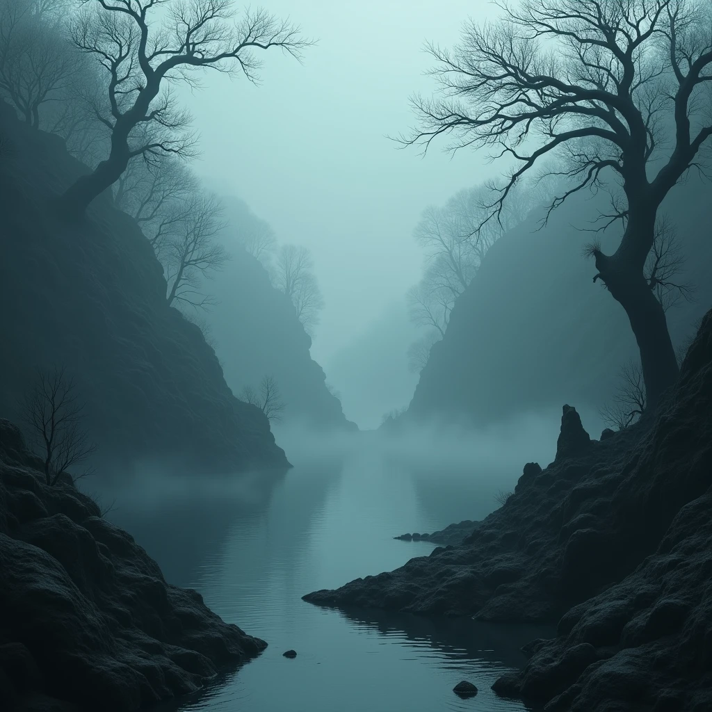 Surroundings of a haunted, frightening lake, ghostly mist around the environment, realisitic, horror style