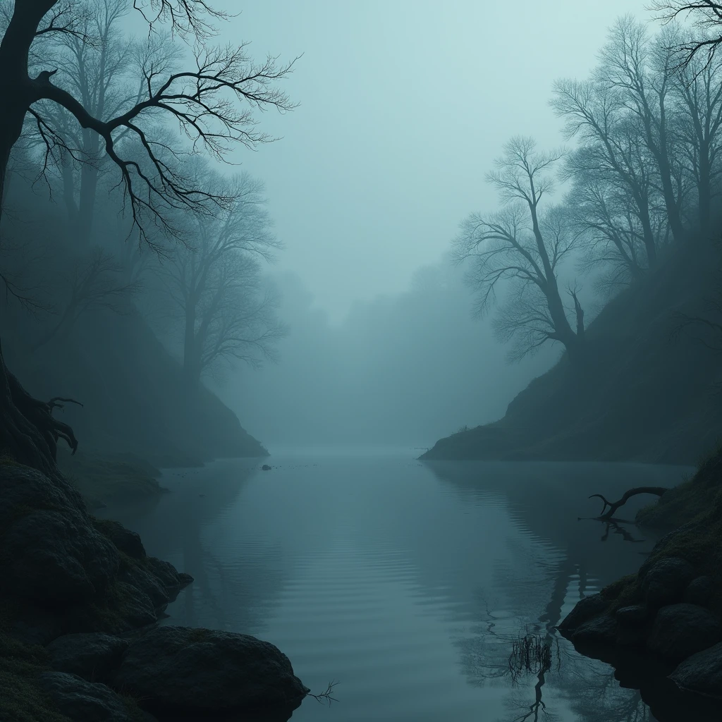 Surroundings of a haunted, frightening lake, ghostly mist around the environment, realisitic, horror style