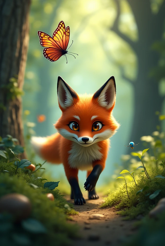 A fox while following a brightly colored butterfly, He went deeper into the forest than he had ever done before..