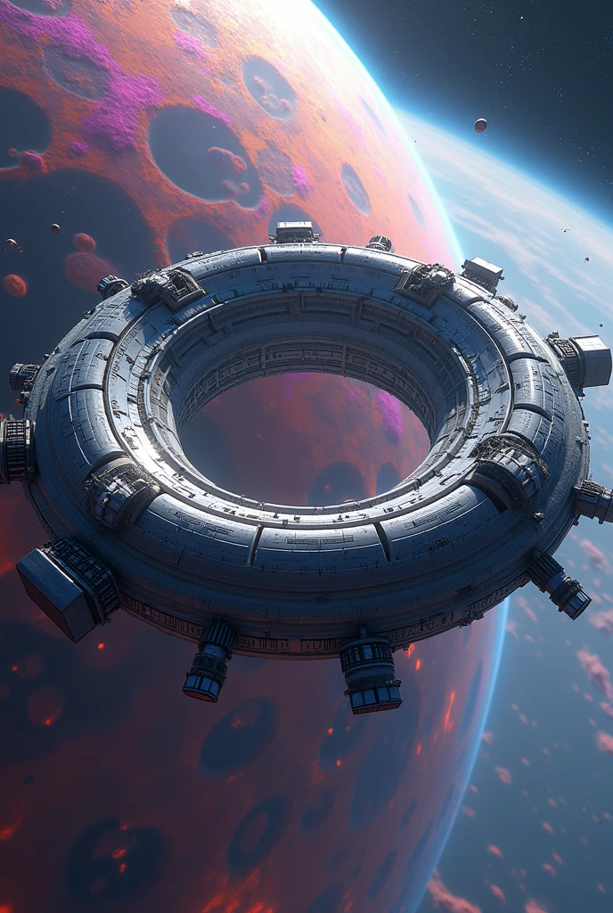 Create a picture of a space station shaped like a giant donut, orbiting a planet made of jelly, photo realistic, 4k.
