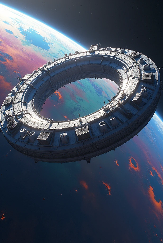 Create a picture of a space station shaped like a giant donut, orbiting a planet made of jelly, photo realistic, 4k.