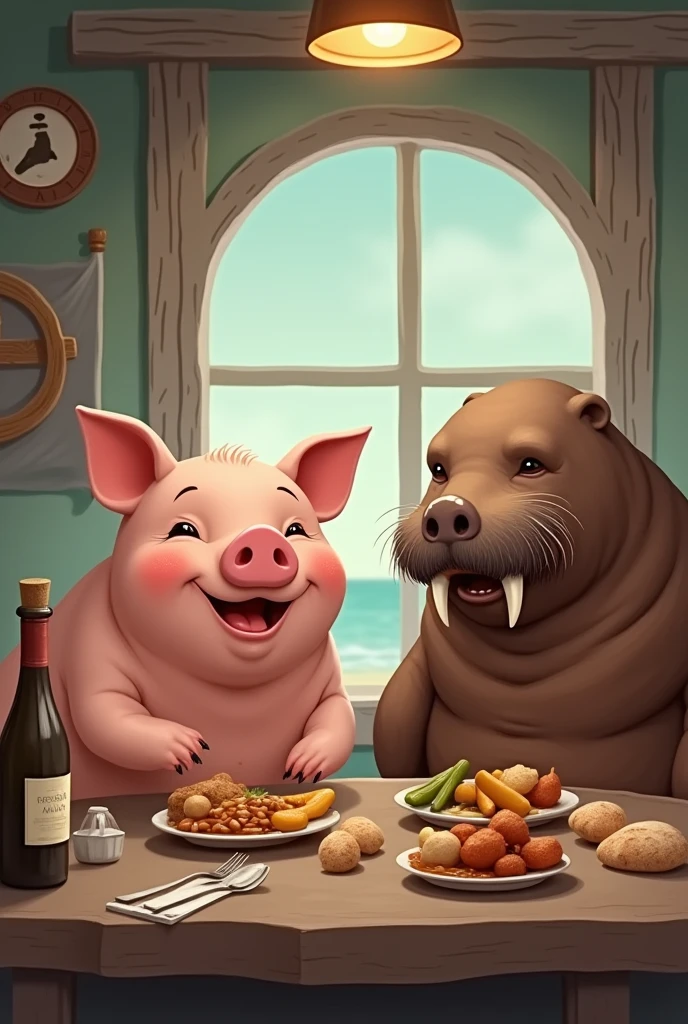Pig and Walrus eating 

