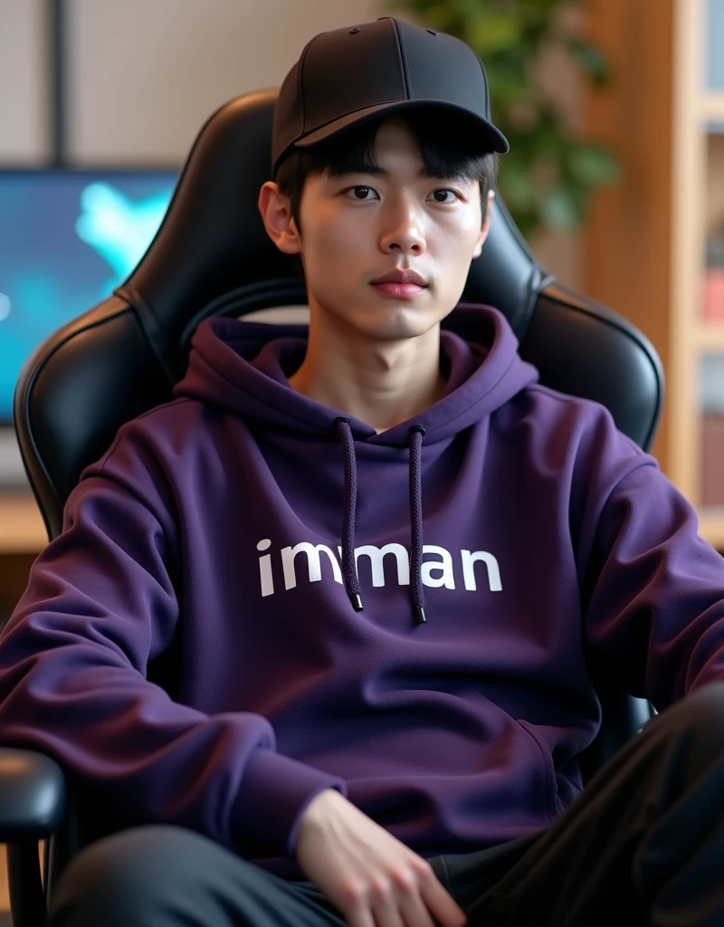 A handsome white Korean man sitting on a gaming chair wearing a dark purple decent hoodie while wearing a black ball cap, with name on hoodie " imman "