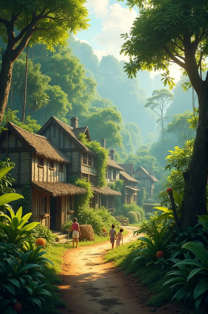 A small, quaint village surrounded by a dense, vibrant jungle. Villagers are seen chopping wood and gathering fruits near the forest edge. The sun is shining brightly, casting warm light over the scene.