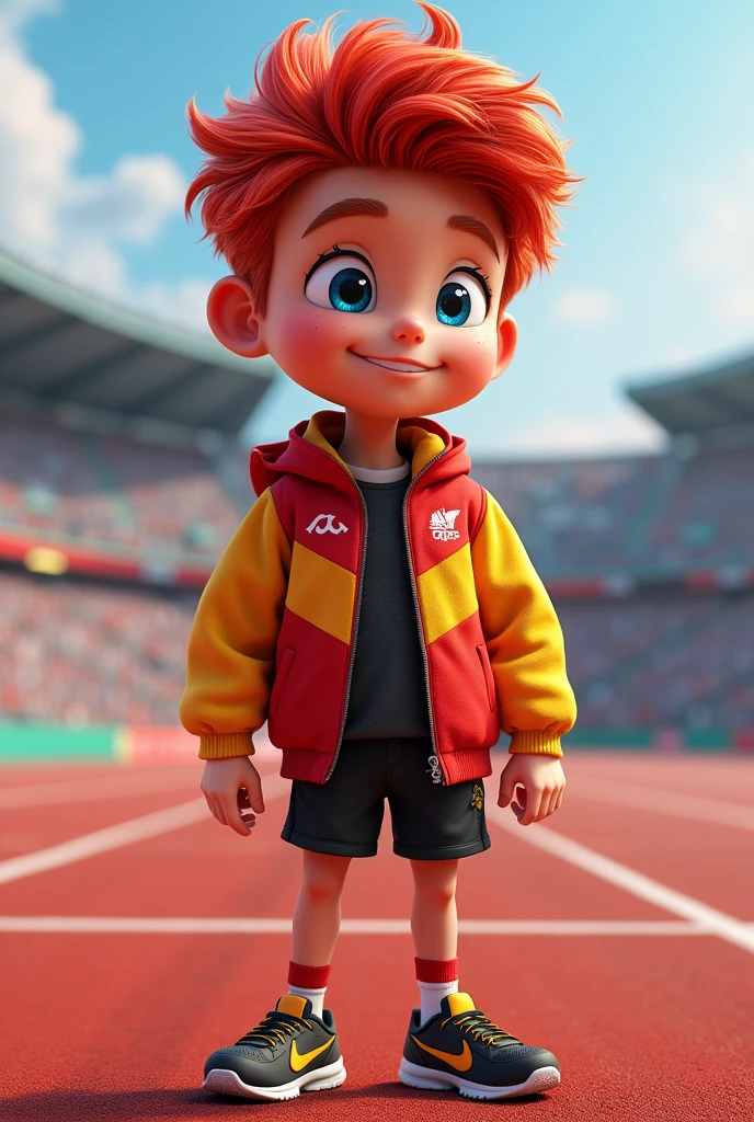 A young athlete of around 1.80m with an athletic physique and confident posture. He has short, frizzy hair in vibrant red tones, large blue eyes, and striking features with a wide smile. He wears sportswear in red, yellow and black, with logo-filled running jackets and modern sneakers. His personality is charismatic and competitive, but with a touch of humility and team spirit. Lighting Mcqueen from Cars movie