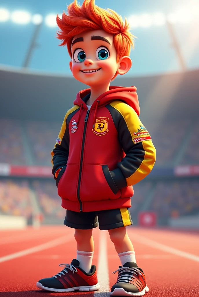 A young athlete of around 1.80m with an athletic physique and confident posture. He has short, frizzy hair in vibrant red tones, large blue eyes, and striking features with a wide smile. He wears sportswear in red, yellow and black, with logo-filled running jackets and modern sneakers. His personality is charismatic and competitive, but with a touch of humility and team spirit. Lighting Mcqueen from Cars movie