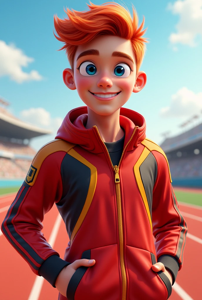 A young athlete of around 1.80m with an athletic physique and confident posture. He has short, frizzy hair in vibrant red tones, large blue eyes, and striking features with a wide smile. He wears sportswear in red, yellow and black, with logo-filled running jackets and modern sneakers. His personality is charismatic and competitive, but with a touch of humility and team spirit. Lighting Mcqueen from Cars movie