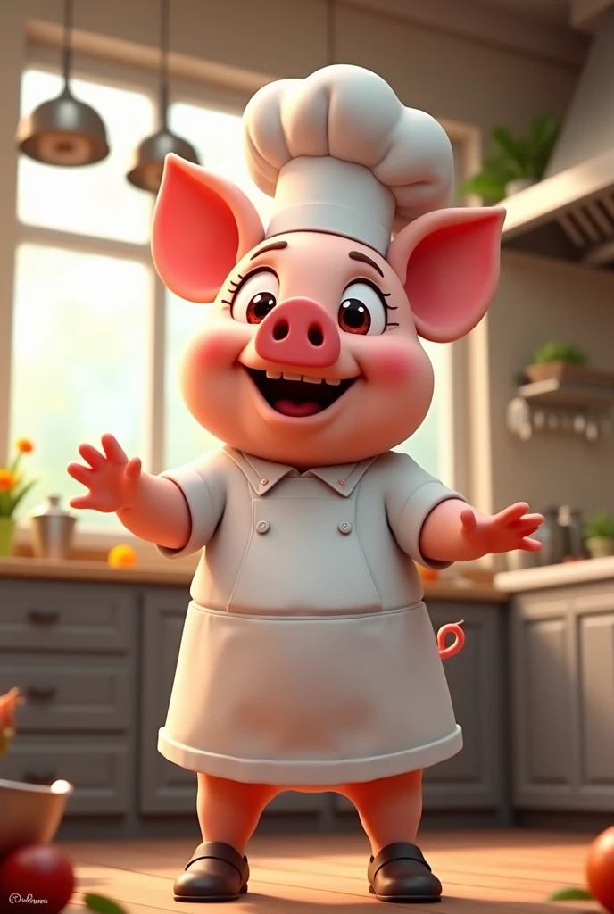 Animated piggy woman dressed as a chef