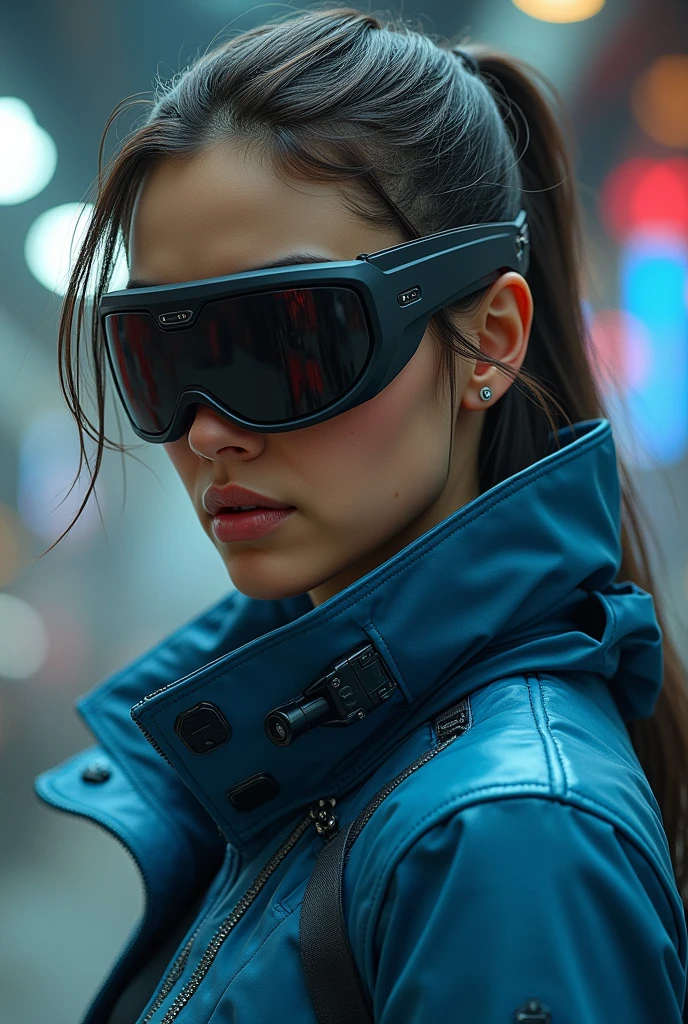 realistic woman with futuristic with blue jacket and black cyberpunk visor with futuristic design