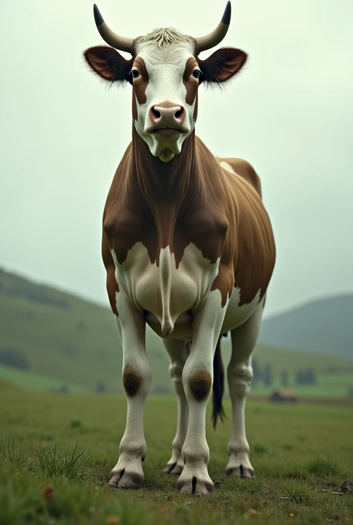 Make a cow have the same posture as a human being. Let her stand with the posture of a biped and not with the posture of a quadruped animal..
