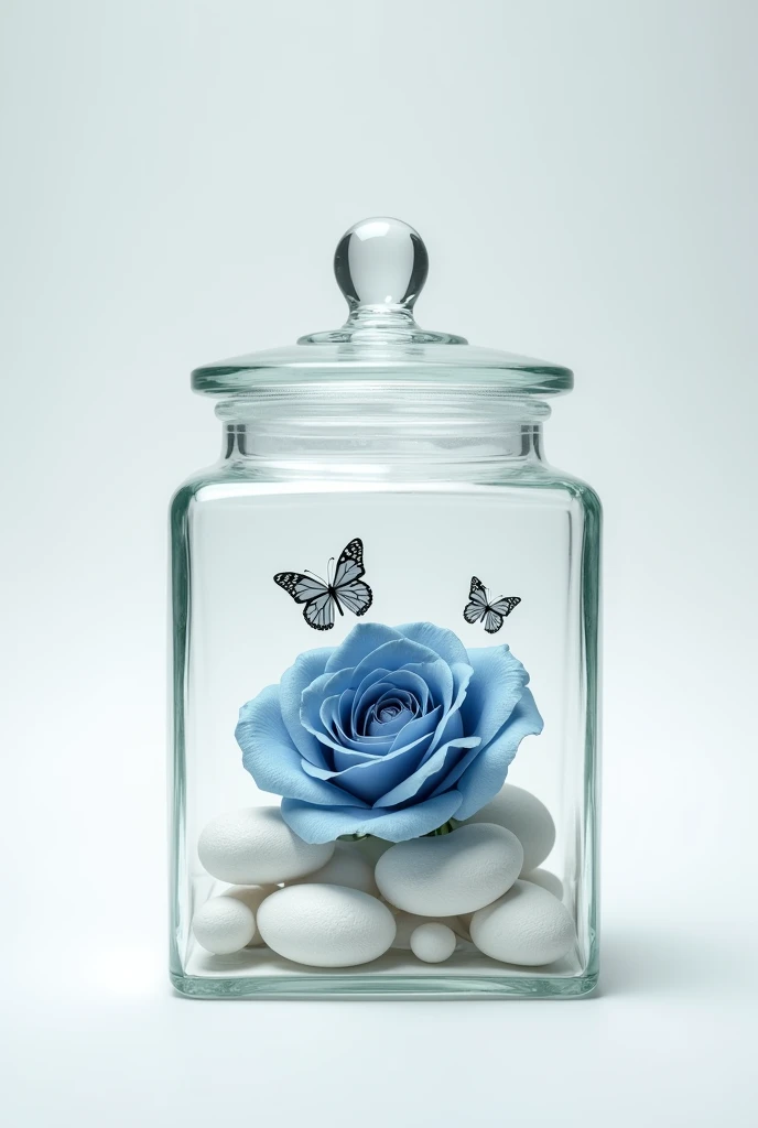 Small cubic glass jar with lid and a dried blue rose on white stones and silver butterflies inside the jar