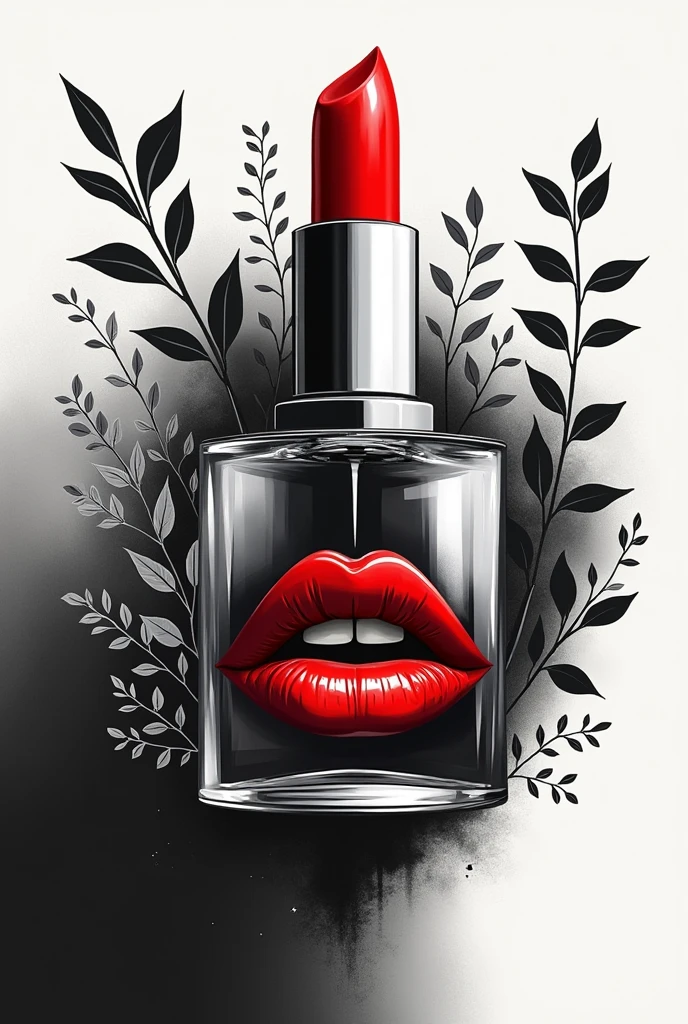 create a black and white depthless illustration of lipstick junction, perfume