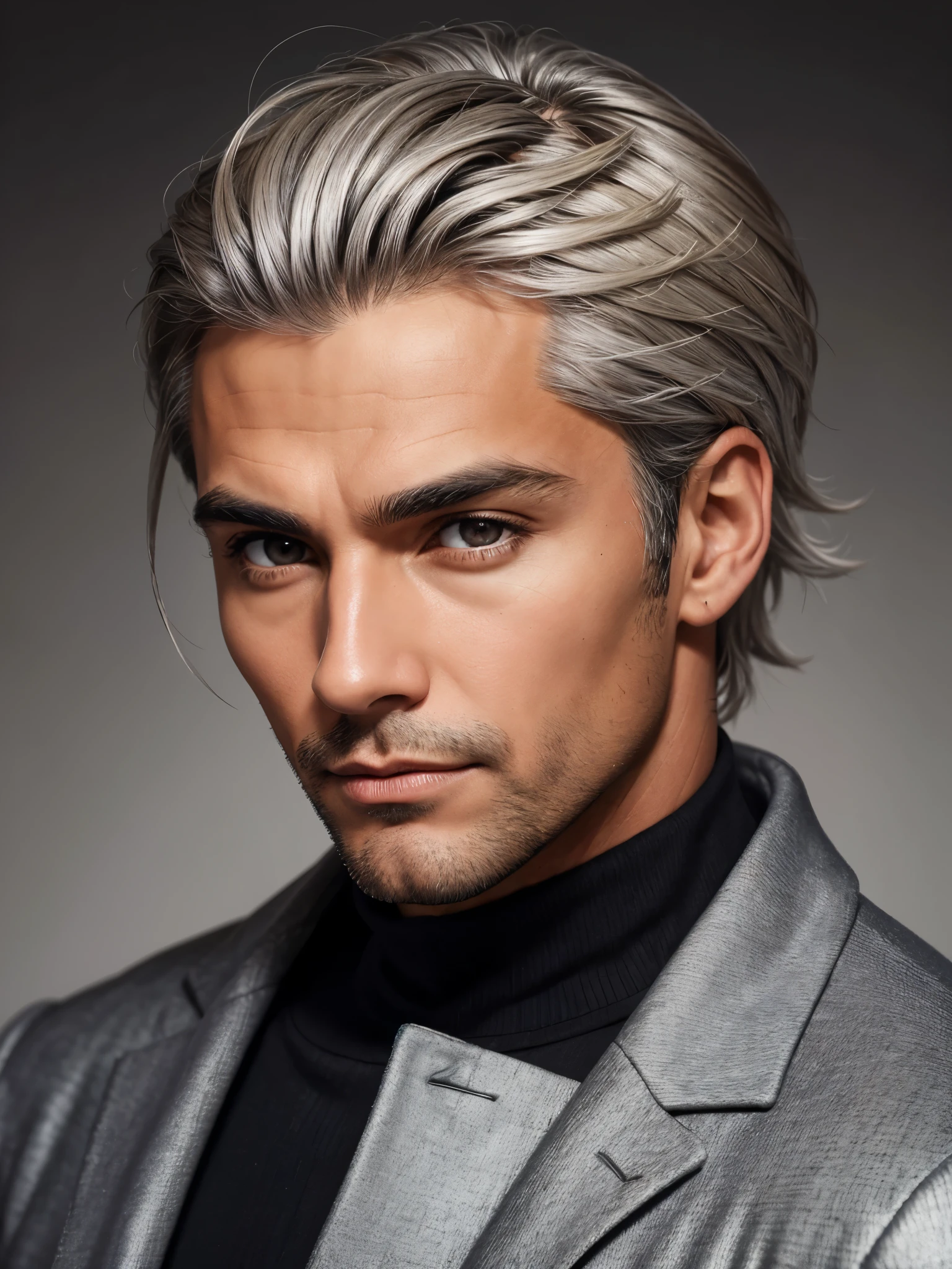 (best quality), 1boy, mature man, tanned skin, silver hair, medium hair, hair loosely combed back, brown eyes, perfect eyes, muscular, handsome, cold expression, black turtleneck, coat jacket, clean shaven face, masterpiece, anatomically correct, highres