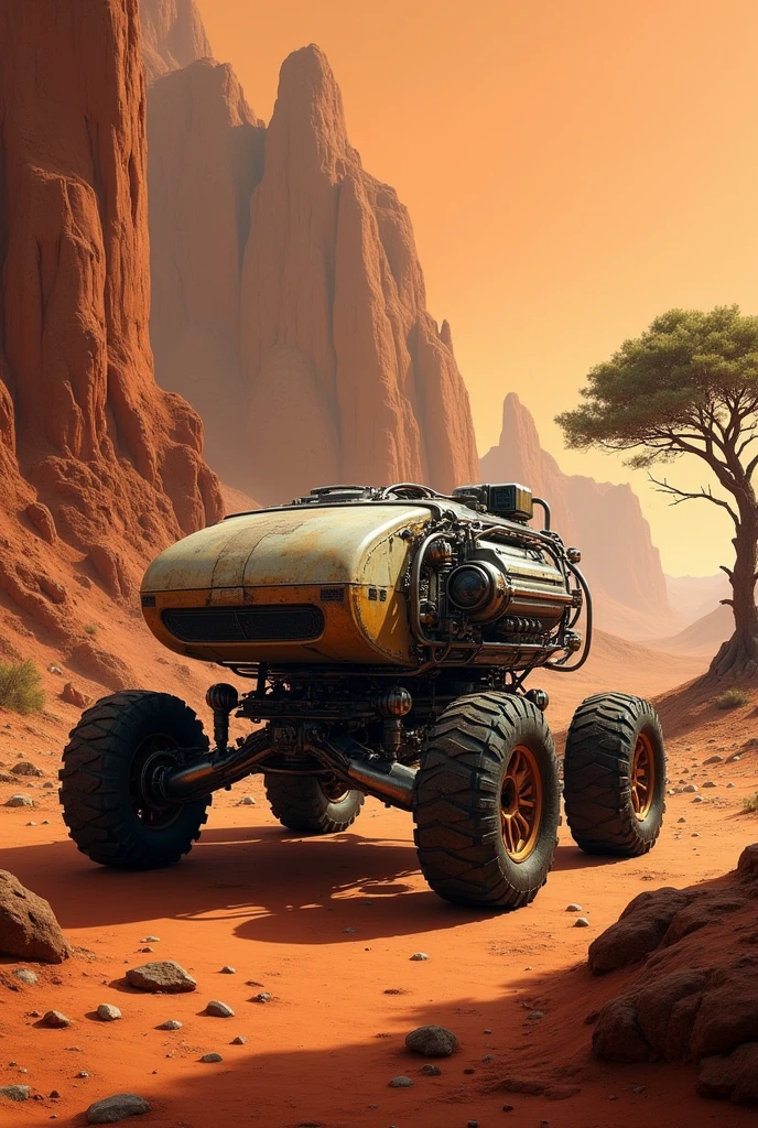 Create a Renaissance-style Martian rover painting. Use techniques like chiaroscuro and a warm color palette. Put a tree in the background