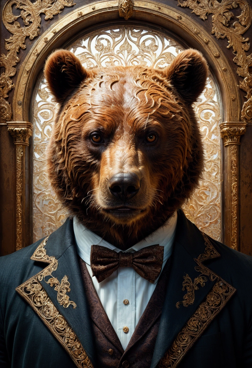 Brown Bear, centered head and shoulder face portrait of a Rococo Gothic filigree brown bear standing on a street, hyperdetailed photoillustration van Gogh Cinema 4D Oil painting Huang Guanjian finalRender lifelike Greg Rutkowski ismail Inceoglu Todd McFarlane Gustave Doré 16K resolution Unreal Engine 5 3D shading Alphonse Mucha Dan Witz hyperdetailed, masterpiece, best quality, very aesthetic, absurdres