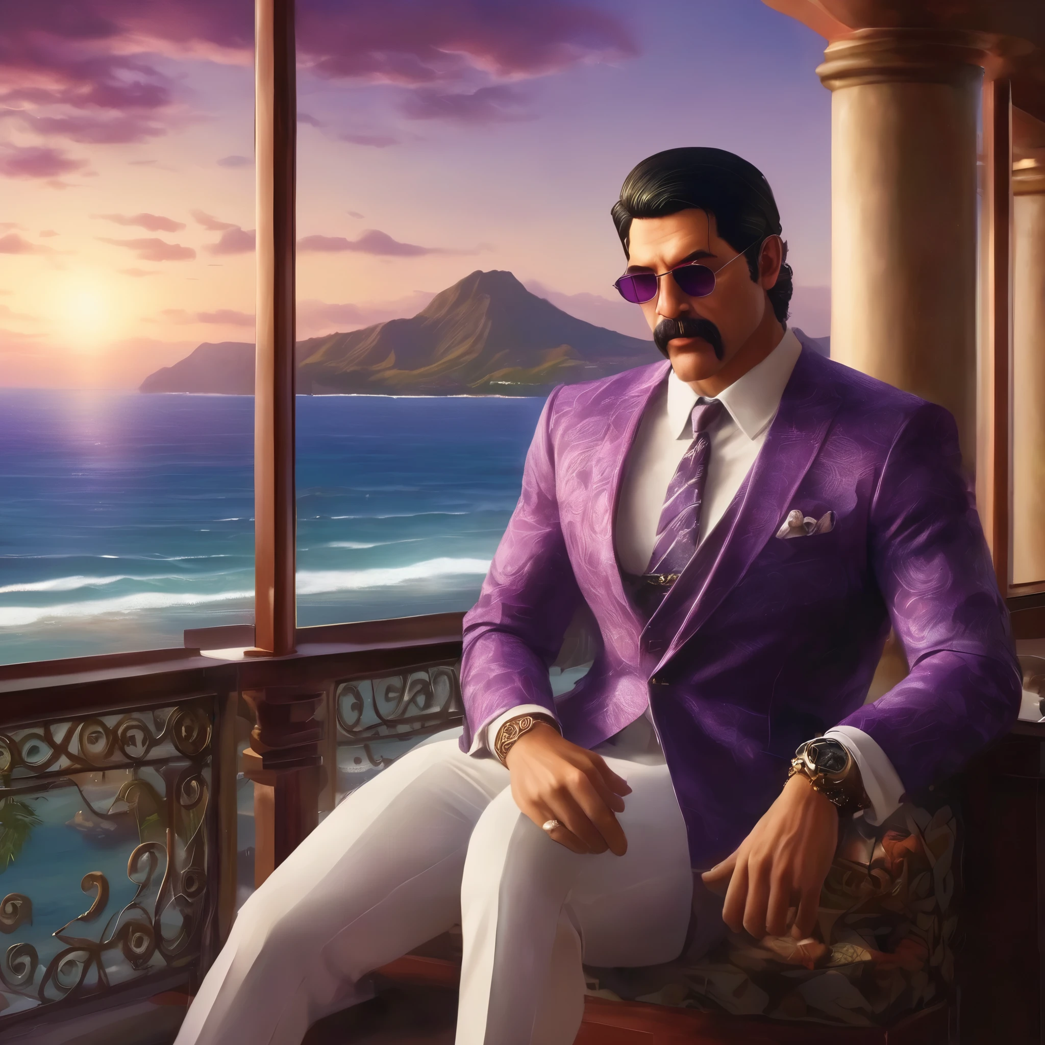 (obra maestra, Mejor calidad:1.2), 1 chico, thenahualli, serious, dangerous man, elegant, elegante, white suit, purple shirt, sit, luxury restaurant, views of the sea in background, big windows, (((indoor))), Hawaii, (((realistic, detailed, photorealistic)))