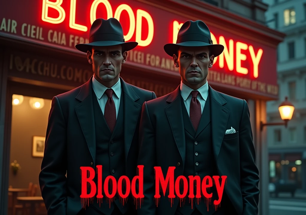 Two 1920s gangsters standing outside an italian restaurant. Restaurant sign says "ACG PRESENTS"  add the words " BLOOD MONEY" In bleeding red letters at the center bottom