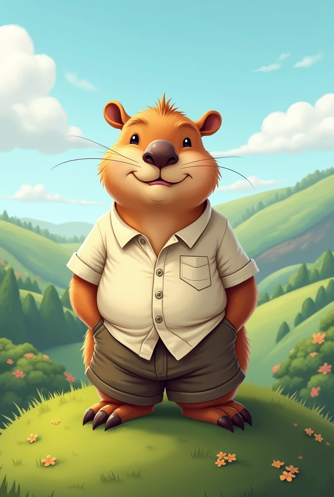 a capybara wearing a button-down shirt and shorts on top of a hill cartoon

