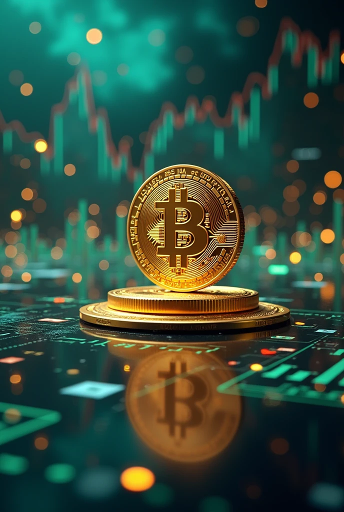 "A futuristic financial scene with a glowing Bitcoin symbol at the center, surrounded by fluctuating graphs and charts indicating market volatility. In the background, there are digital representations of global currencies, and regulatory symbols like a gavel, suggesting the impact of regulations. The color palette should have a mix of deep blues, greens, and gold to reflect the financial theme, with the Bitcoin symbol in bright gold standing out prominently."