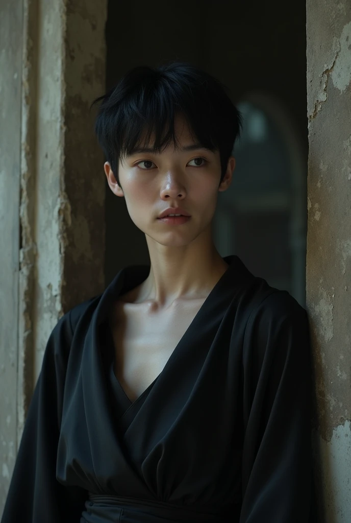 prince. He has a lost look, a sorrow hovers in his soul. She wears a black silk robe that falls over her chest. inside a desolate palace. His hair is black and his eyes look with rage and desire. aligned eyebrows, straight jaw. Short and black hair. 