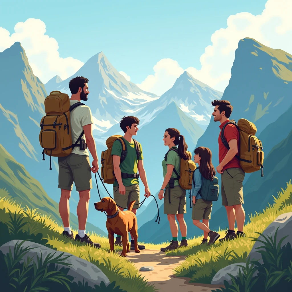 Un groupe de cinq randonneurs composé d'une femme avec des cheveux brun foncé et une queue de cheval, she is accompanied by a beauceron. Un homme grand et mince avec une main normale et une  main sans doigts, short brown hair slicked back with gel. A man of average height with short brown hair. A short man with short dark brown hair and a short beard. A woman with dark brown hair, long avec une frange. Le groupe est heureux d'être ensemble en montagne.
