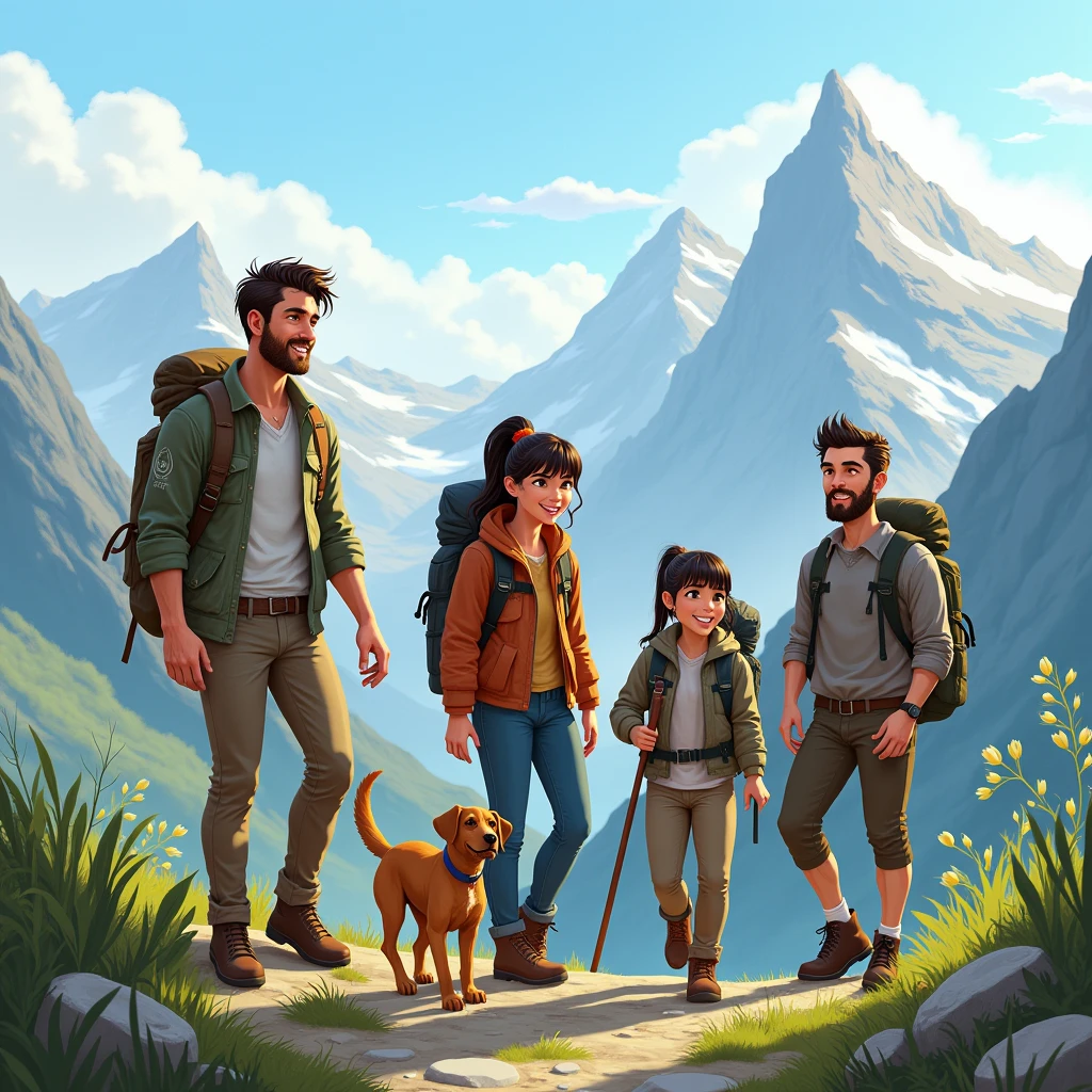 Un groupe de cinq randonneurs composé d'une femme avec des cheveux brun foncé et une queue de cheval, she is accompanied by a beauceron. Un homme grand et mince avec une main normale et une main sans doigts, short brown hair slicked back with gel. A man of average height with short brown hair. A short man with short dark brown hair and a short beard. A woman with dark brown hair, long avec une frange. Le groupe est heureux d'être ensemble en montagne.