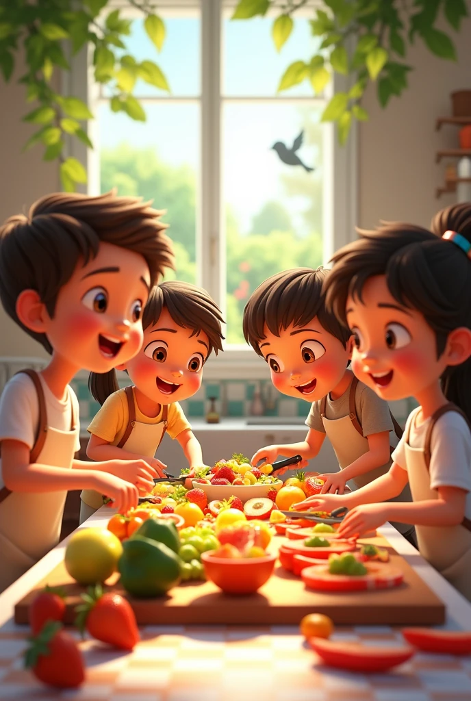 Create an animated image of children cooking a fruit salad that looks good animated for the cover of a children's story