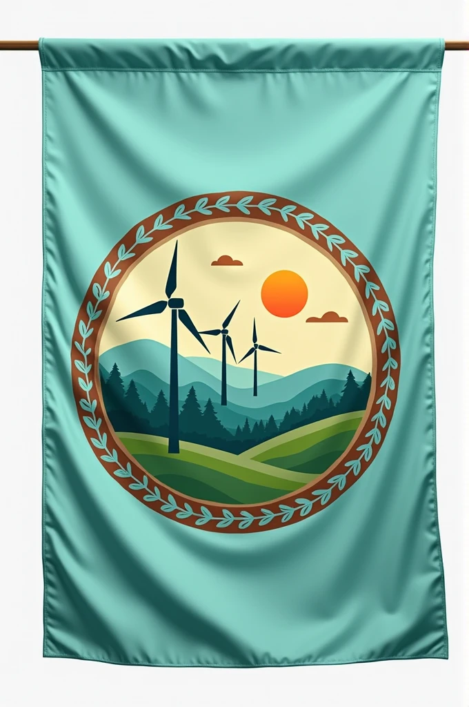 Flag Design Description:
Overall Shape: The flag is rectangular with a 3:2 ratio, creating a balanced and professional appearance suited for various settings.
Primary Colors:
Top Half: Forest Green (#228B22), symbolizing sustainability, nature, and the focus on renewable energy.
Bottom Half: Sky Blue (#87CEEB), representing clean energy, clarity, and the sky, indicative of wind and solar power.
Borders: The flag features a thin border in Earth Brown (#8B4513), reflecting the grounding and natural aspect of the company’s commitment to environmental sustainability.
Central Emblem Placement: The emblem is prominently positioned at the center, making it the focal point of the flag.
Emblem Design:
Core Symbol:
Renewable Energy Icon: The emblem showcases a stylized representation of renewable energy sources:
Wind Turbine: A modern, sleek wind turbine with three blades in a gradient from light green to white. The turbine is placed on the left side of the emblem, symbolizing wind energy.
Solar Panel: A stylized solar panel with a geometric pattern in varying shades of blue and white, placed on the right side of the emblem. The panel represents solar power and clean energy innovation.
Sun: Above the wind turbine and solar panel, a radiant sun in a gradient of yellow and gold is depicted. The sun has subtle rays extending outward, symbolizing solar energy and its far-reaching impact.
Circular Frame:
Design: The wind turbine, solar panel, and sun are enclosed within a circular frame in Earth Brown. The circle is slightly embossed, creating a 3D effect that emphasizes unity and wholeness in the company’s approach to renewable energy.
Pattern: The circular frame features a subtle pattern of interlocking leaf motifs or vines, representing growth, sustainability, and the natural world.
Surrounding Elements:
Base Element: The emblem has a base of rolling hills in dark green and light brown, symbolizing the land and the natural resources the company is committed to protecting