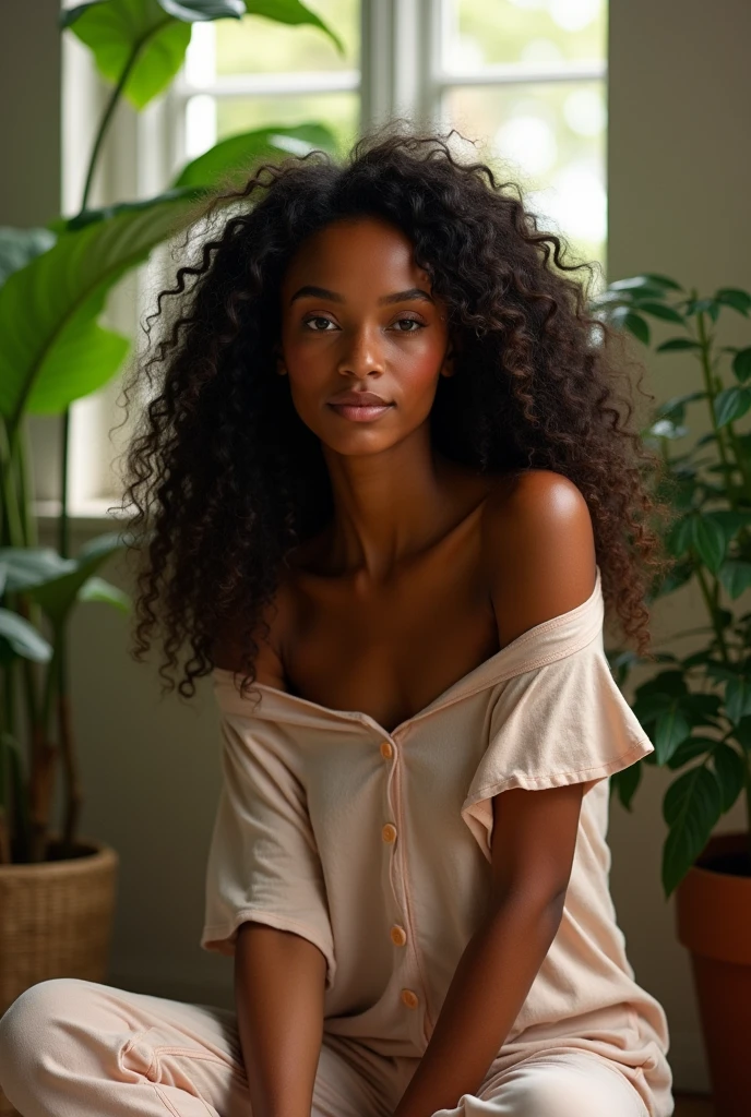beautiful african girl, face camera lens, wearing loose off-shoulder top, pajama pants, long curly hair, indoors, soft lighting, plants in background, window with sunlight, cozy room, relaxed pose, realistic, intricate details