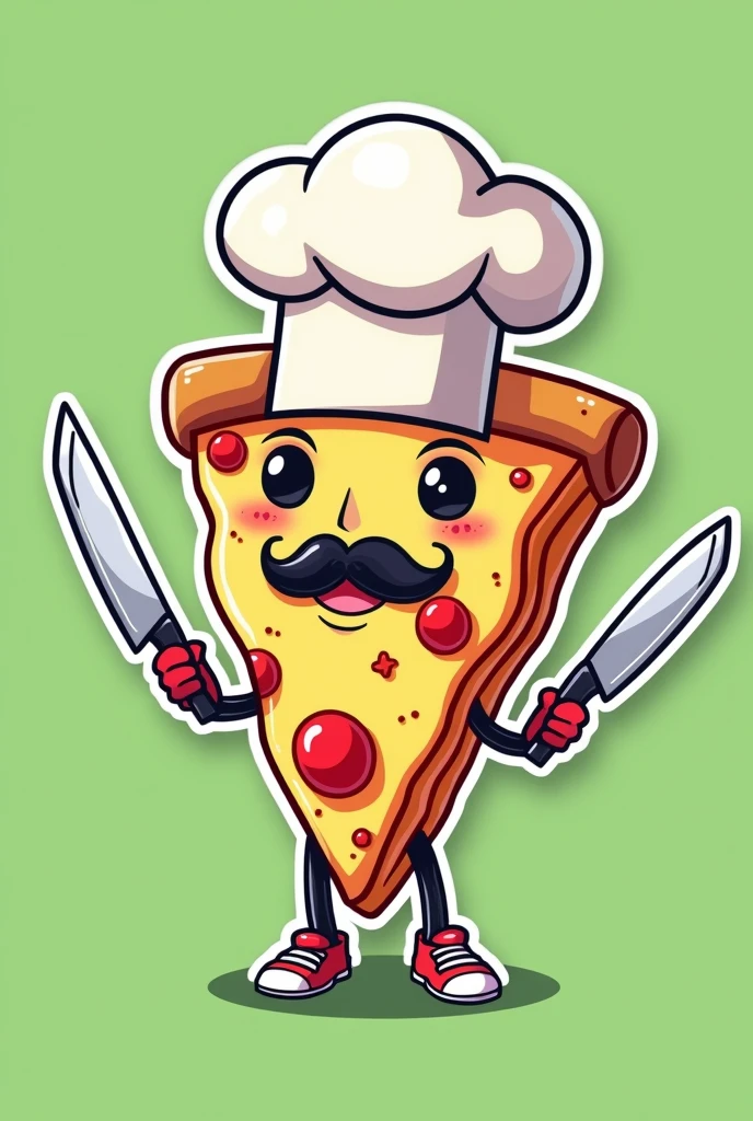 Sticker of a slice of pizza with a mustache and a chef&#39;s hat with feet and hands with chef&#39;s knives. Green background. What does it say? "feeling "
Cool Happy Not tender Not anime

