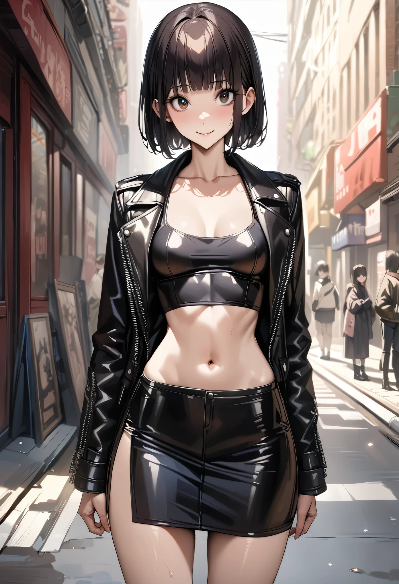 ((masterpiece,best quality anime,Highest quality:1.3)),realistic,cowboy shot,1woman,(30 year old beauty),((very small head:1.4)),((very long body:1.4)),(short bob hair),black hair,(gorgeous big eyes),black eyes,smile,((slender body:1.4,skinny:1.3)),medium breasts(Punk Fashion、Black leather rider jacket,navel、Black leather mini skirt),Tank top、oily skin,gleaming skin,shiny skin,standing,on street,New York City、