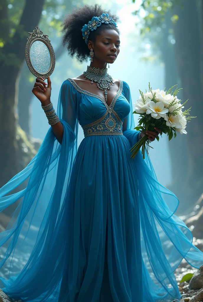 Iemanjá, a black female Orixá with a blue dress, wearing Candomblé clothing, holding a silver mirror in his hand and in the other hand he holds white flowers, 