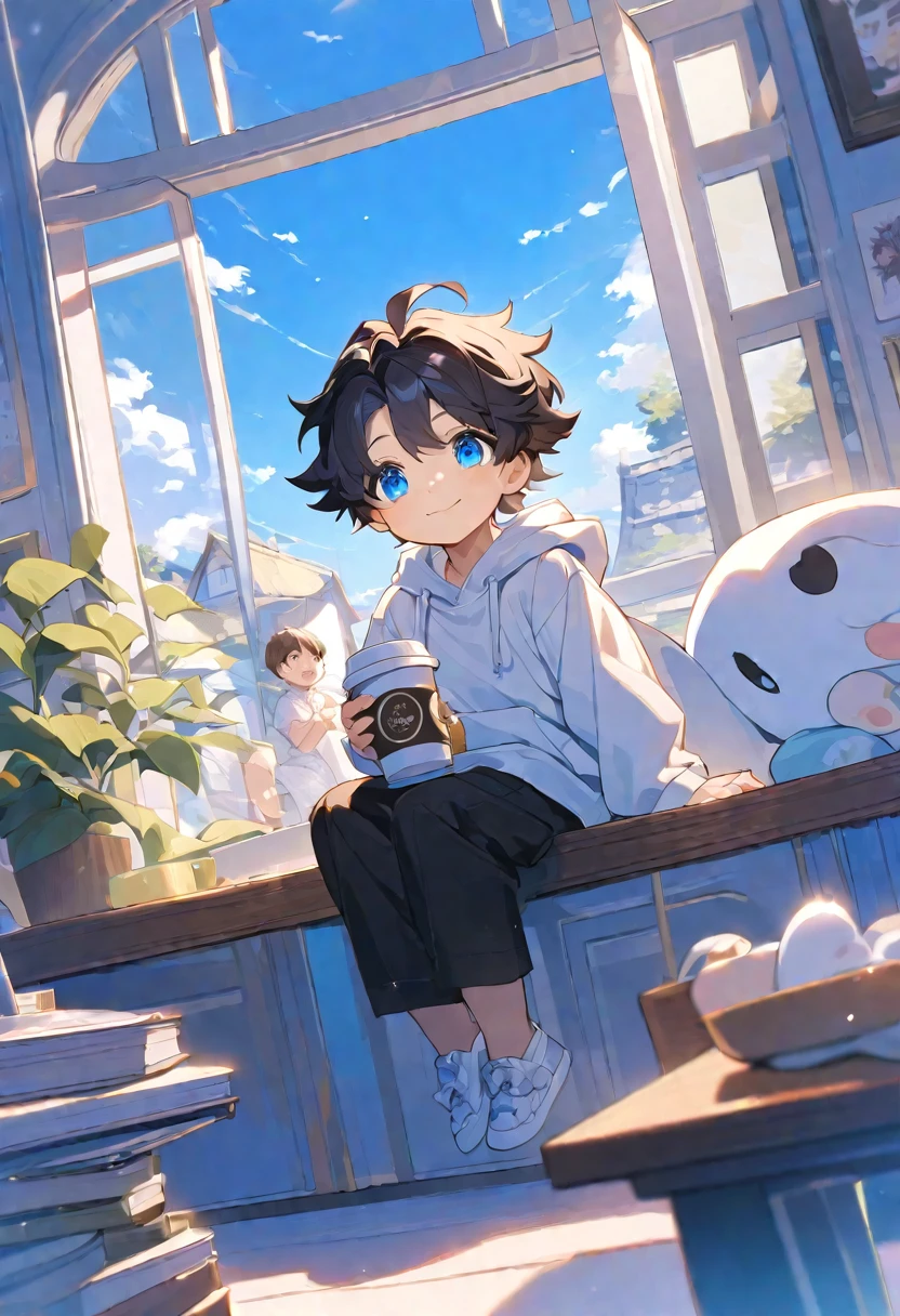 alone, elegant, adult,1 man, (30 year old man) ,Hugging the twins, short hair, black hair, Half and half, blue eyes, details, white shirt, Drink coffee,coffee cup,Coffee table, Hood, The father, Baby, Cute baby, Children's clothing, Two siblings, smile ,,boy, boyอายุ 2 ขวบ , full body, sit, Dynamic angle, black hair, court, , black hair, daytime, Clear sky, smile, Wearing a white hoodie, blue eyes, The composition should express a blend of innocence., The background should be eye-catching.,boyอายุ 2 ขวบ, full body, sit, Dynamic angle, white hair, court, 3yohite hair, daytime, Clear sky, smile, Wearing a white hoodie, blue eyes, The composition should express a blend of innocence., The background should be eye-catching.,