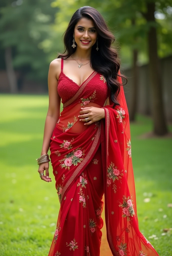 Indian Wife with a bra and folded net saree, red floral saree, HDR, 8k, hyperdetailed, best quality, ultra-high resolution, HDR, curved body, 8k, walking on the lawn , look at viewer, having perfect breasts, ( perfect anatomy with fit body), wavy hair, bright smile