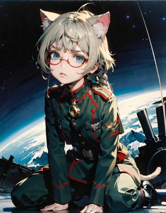 1 cat girl, cat ears, cat tail, (tears:1.1), exhausted, (parted lips:0.9), cute, 
medium breasts, (sideboob:0.9), 
sideless, torn frayed tattered tunic, torn frayed tattered socks, 
sitting, wariza, leaning forward, ruins, crumbling world, storm, black hole, puddle, 
sharp focus, looking at viewer, 
(intricate:1.1), (dark blue theme:1.1), (dark blue tone:1.1), (grey tone:1.1), illustration, (anime coloring:1.1),  modesta, tiro remoto, Detalhe bonito rosto delicado, Olhos delicados bonitos detalhados, perfect facial proportions, High definition skin, pele fina, best four inch aspect ratio. Com um polegar, uma obra-prima, altamente detalhado, Realistic, (German World War II general uniform reference : 1.8), the highest facial resolution, , mulher modestamente vestida, vestido inteiramente, ( pequeno, cabelos pretos, black franja reta, super thin braids, franja reta, Red glasses, olho verde escuro, science fiction, Fighter aircraft, standing On the landing of a Fighter aircraft, the agency, uma personalidade profundamente inteligente, A calm expression, um rosto respeitoso, uma guerra, a Fighter aircraft　BIGHIP　BIGASS　FUCKOFF　FUCKFUCKFUCK