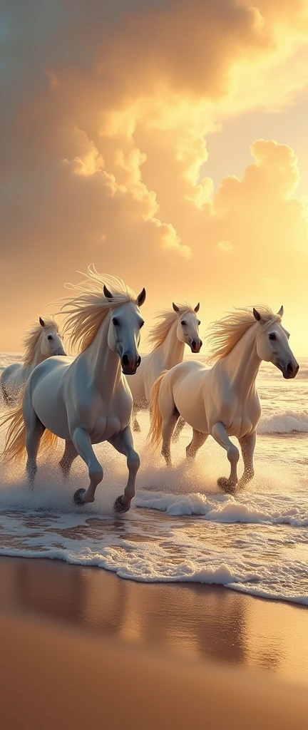 golden hour scene, 5 white horses running through the waves on a beach, fine details, masterpiece, the word "Mantu Das" formed by the clouds,