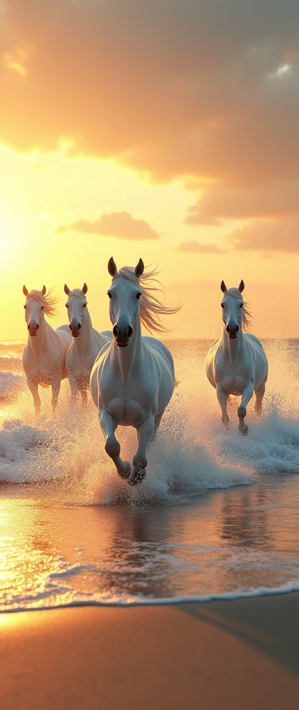 golden hour scene, 5 white horses running through the waves on a beach, fine details, masterpiece, the word "Mantu Das" formed by the clouds,