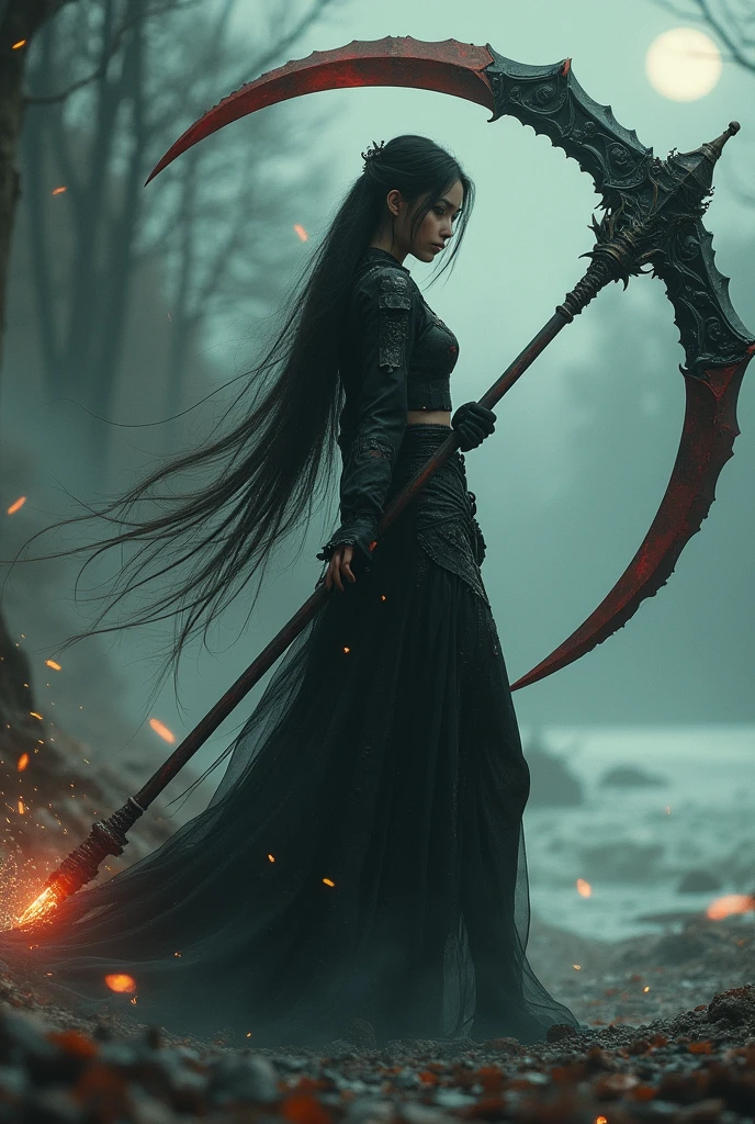 words "unlimited" It's written in big letters at the bottom of the screen., A girl wielding A giant scythe, A scythe bigger than her body, ((masterpiece, Highest quality, Best image quality, High resolution, Realistic, RAW Photos, 8k)), ((Highly detailed CG synthesis 8k wallpaper)), (Huge and stunning goddess shot, Very hot and sexy, Incredible beauty, Perfect Proportions, Beautiful body, Slim body beauty:1.4), A girl wielding A giant scythe, Movie Posters, (A giant scythe:1.5),