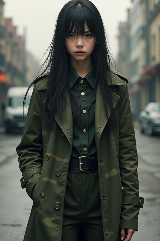 High school girl wearing camouflage trench coat,long black hair
