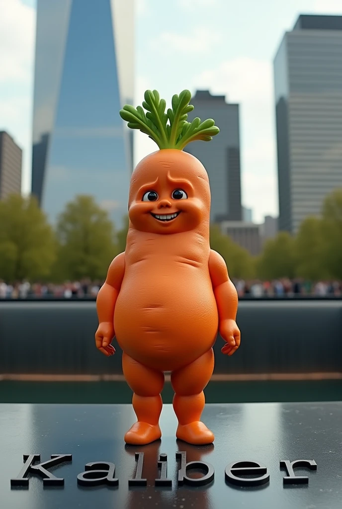 Happy little obese carrot boy, standing in front of 9/11, with the word kaliber under it, hyper realism, logo