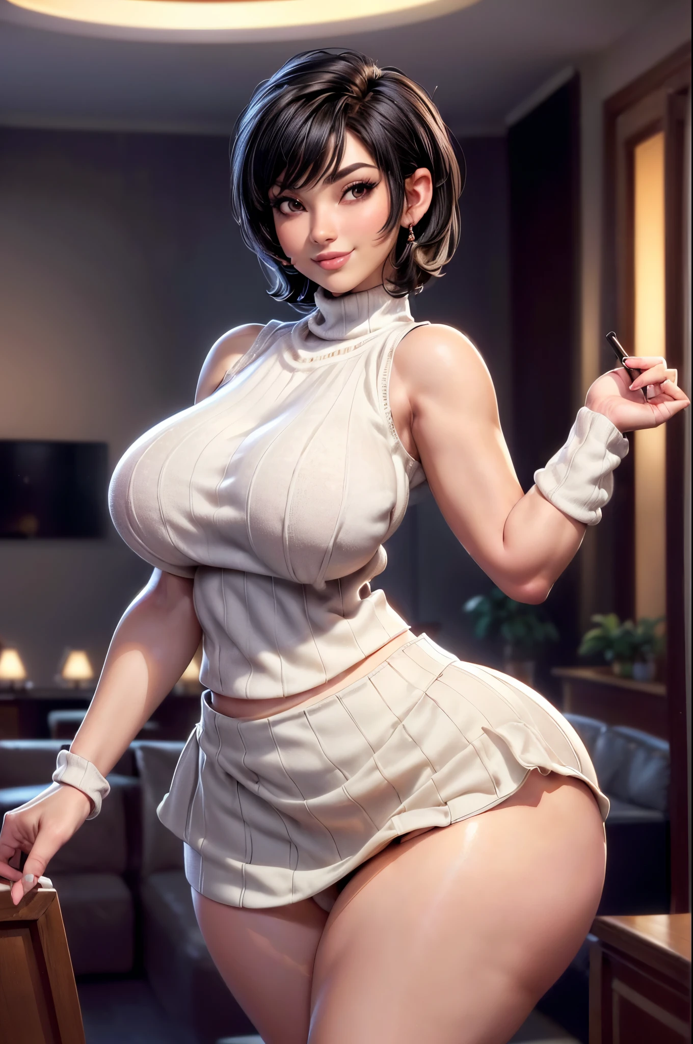 (high resolution, high quality: 1.3), intricate details, cinematic lighting, sharp focus, depth of field, 1girl, Alone, seductive smile, Seductive expression. Short black hair. High cheekbones, strong chin, Beautiful facial features, Extremely pretty, attractive, sweet face. Extremely white skin. (((wearing a sleeveless sweater and a tight mini skirt))), the skirt covers her ass. Bimbo, full breasts, (thick and shaped thighs, voluptuous and wide hips, slim waist), (Extremely curvy body), (((Big ass, huge buttocks, voluptuous))), (Proportional body). POV, (((Looking at viewer))), (from behind), flirting with the camera. ((((1 girl alone in the living room)))), camera focus on the girl, blurred background