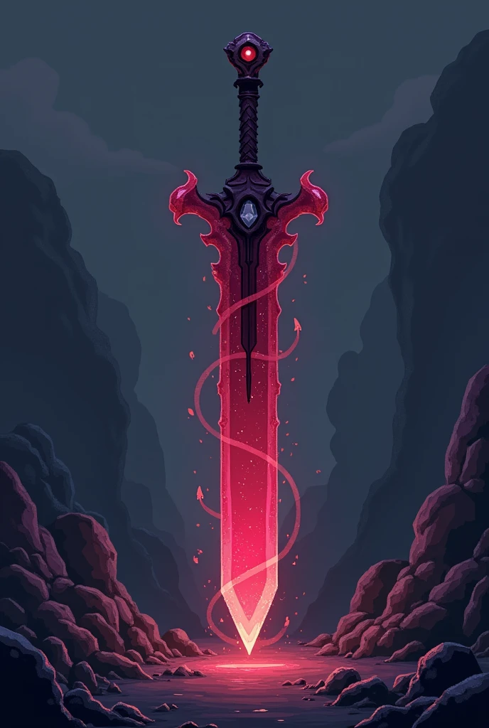 Sword projectile, in the style of a pixel drawing , made from a solid blood crystal , in which vessels of black void are present