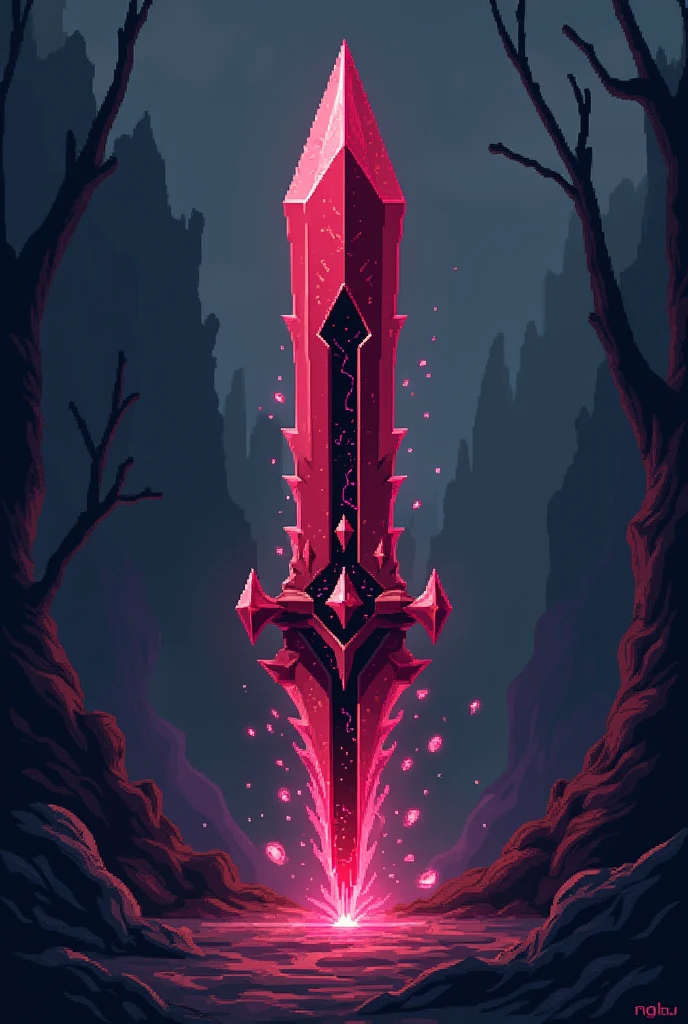 Sword projectile,  in the style of a pixel drawing ,  made from a solid blood crystal , in which vessels of black void are present 
