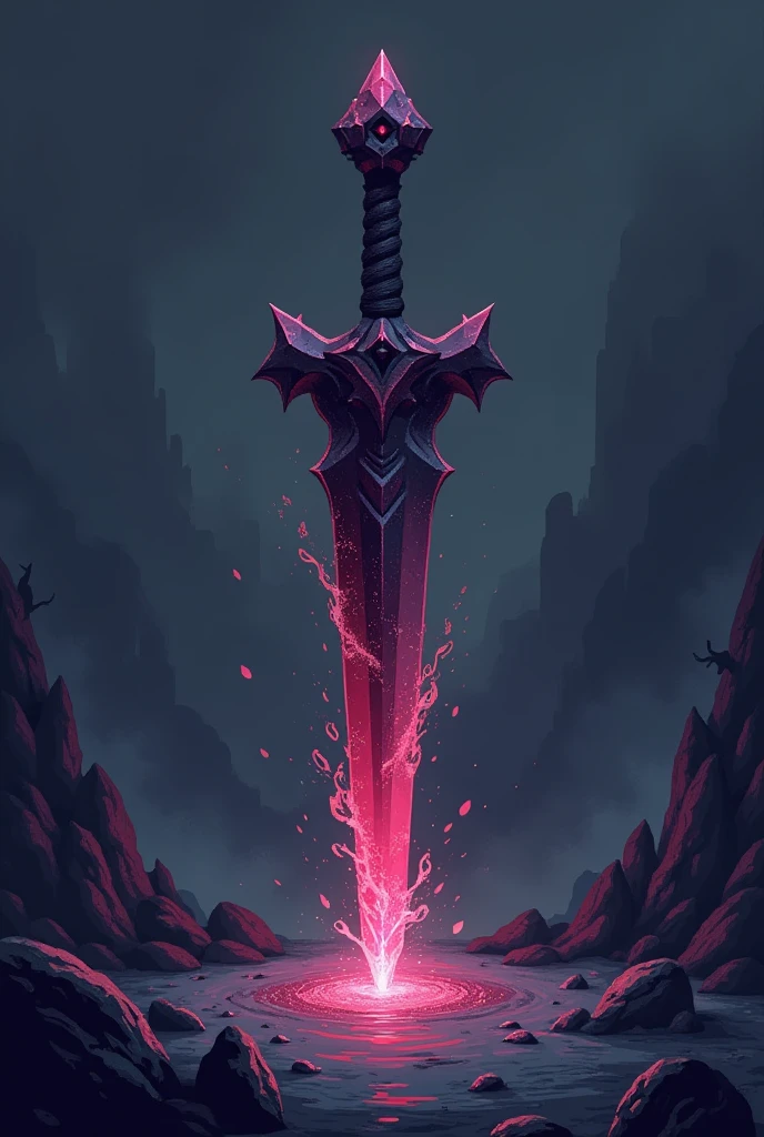 Sword projectile,  in the style of a pixel drawing ,  made from a solid blood crystal , in which vessels of black void are present 