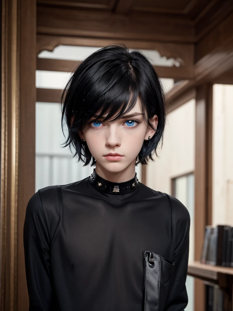 (best quality), 1boy, male, pale skin, black hair, short hair, tousled hair, messy bangs, bangs over eyes, blue eyes, perfect eyes, dark circles under eyes, lanky body, frown, goth boy, long sleeved black crop top, black earstuds, choker, masterpiece, anatomically correct, highres